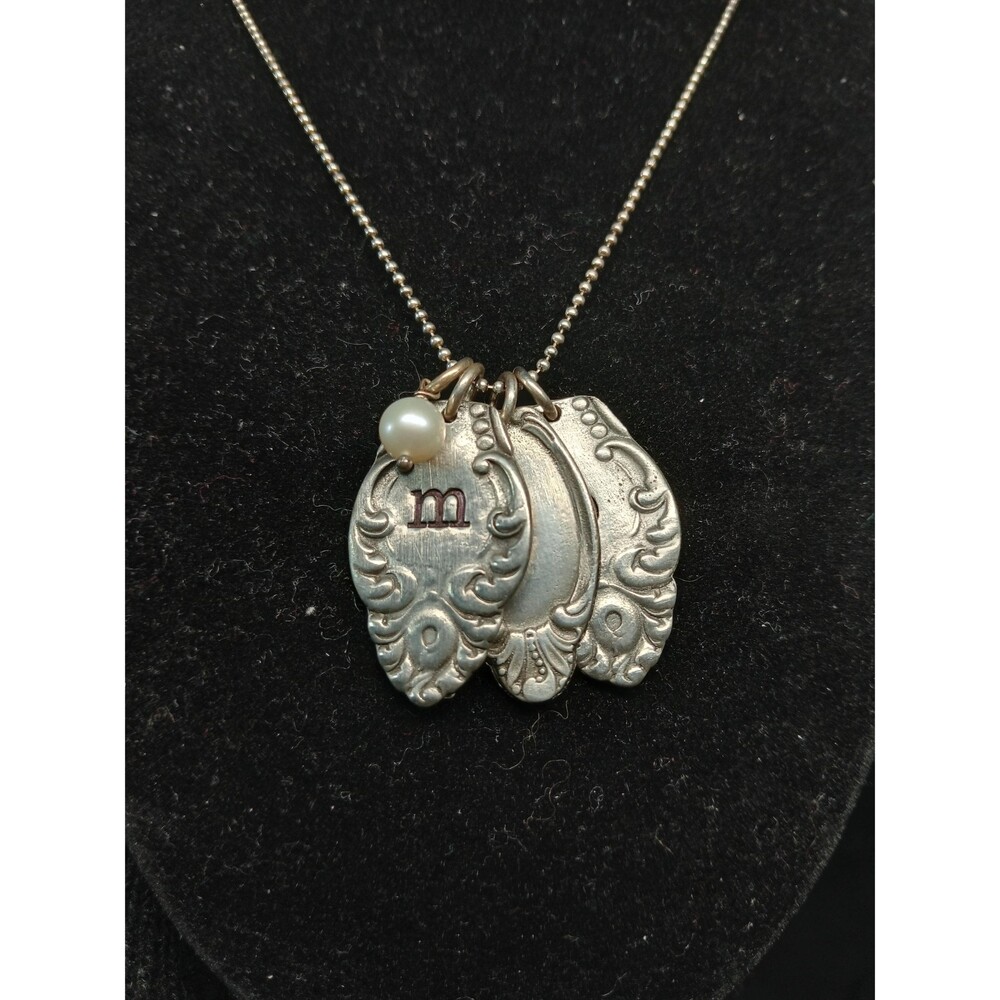 MSCo Sterling Silver Initial Charm Necklace Pewter Tags Faux Pearl Long 23.75 In